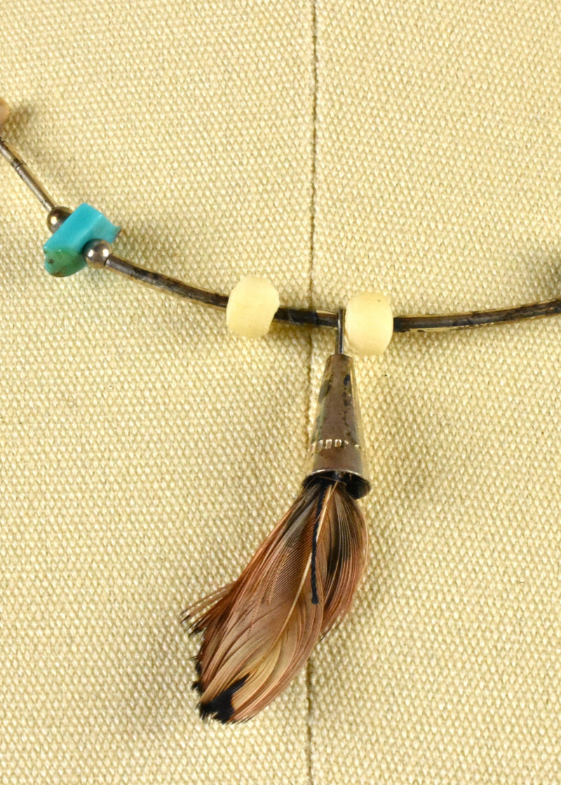 Southwestern Choker Necklace with Feather, Stone, Turquoise and Sterling Silver