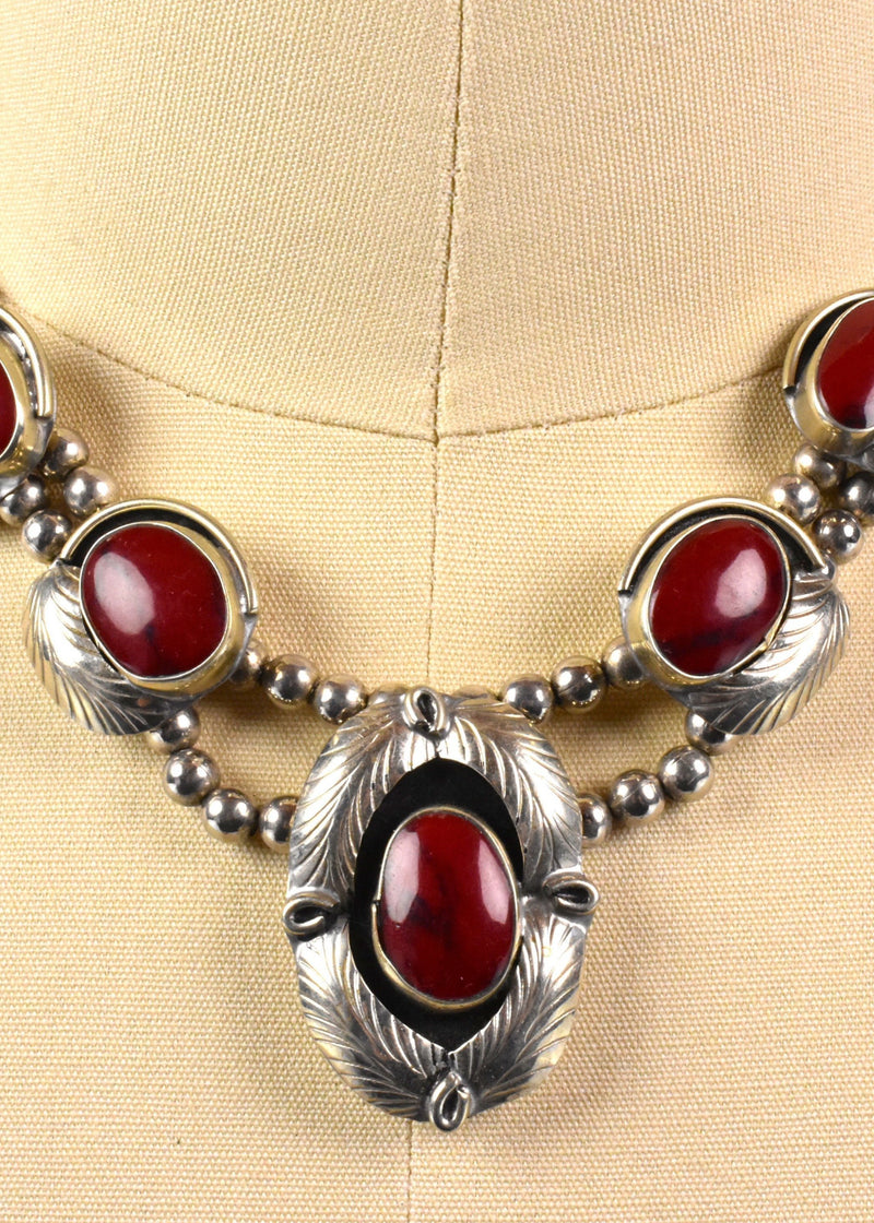 Southwestern Necklace - Squash Blossom Style with Sterling Silver Feathers and Red Jasper Stones