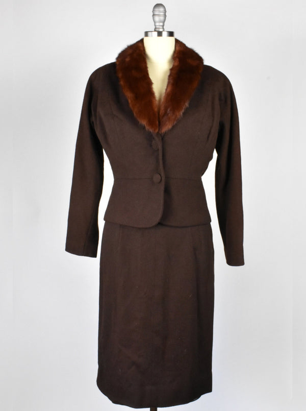 Vintage 1950's 2-Piece Jacket and Skirt Suit with Mink Collar