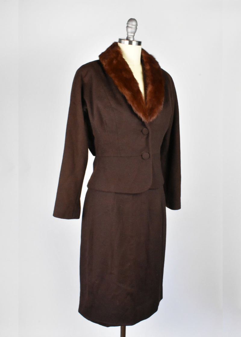 Vintage 1950's 2-Piece Jacket and Skirt Suit with Mink Collar
