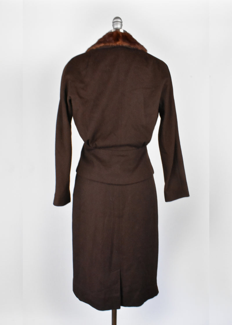 Vintage 1950's 2-Piece Jacket and Skirt Suit with Mink Collar