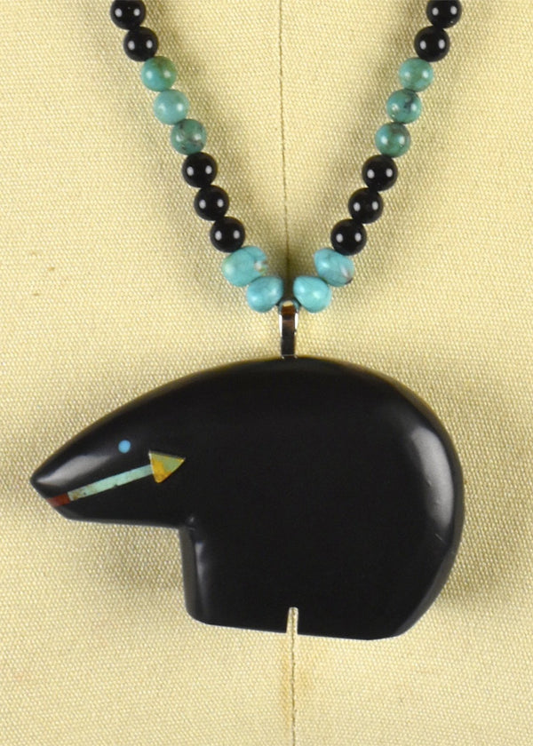Zuni Black Bear Fetish Pendant with Turquoise by Navajo Artist Henry Yazzie