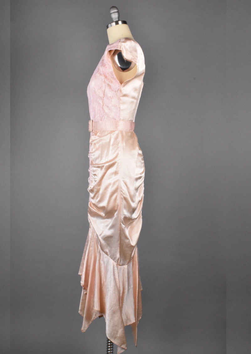 1980's Pink & Peach Lace Rouched Dress