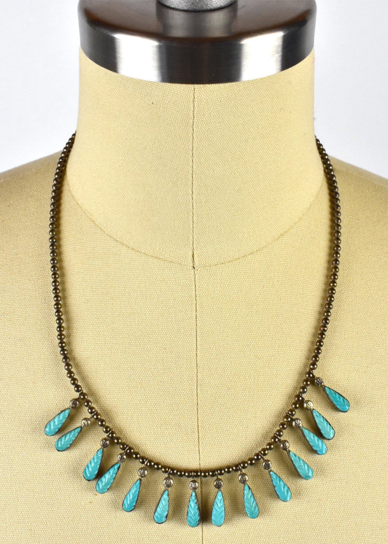 Leaf Turquoise Necklace Set in Sterling Silver with Silver Beadwork Strand