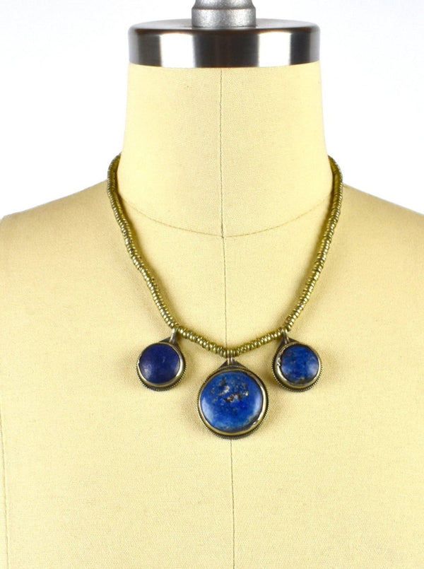 Triple Pendant Tibetan Lapis Silver Necklace
