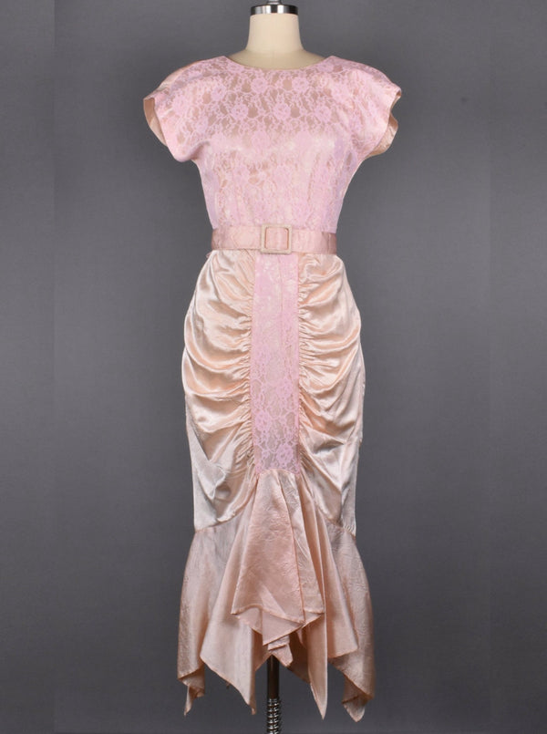 1980's Pink & Peach Lace Rouched Dress