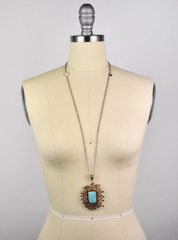 Copper Sunburst Pendant with Large Turquoise Centerpiece