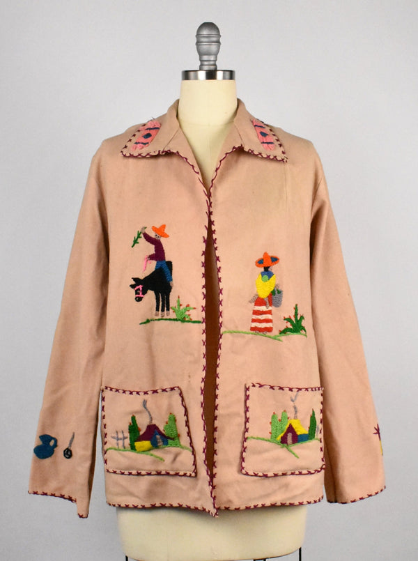 Handmade Tan 1940's/50's Mexican Souvenir Embroidered Wool Jacket