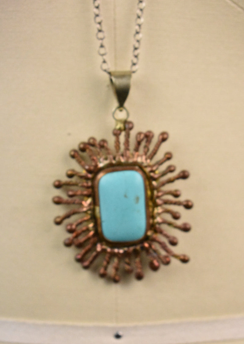 Vintage Copper Sunburst Pendant with Large Turquoise Centerpiece