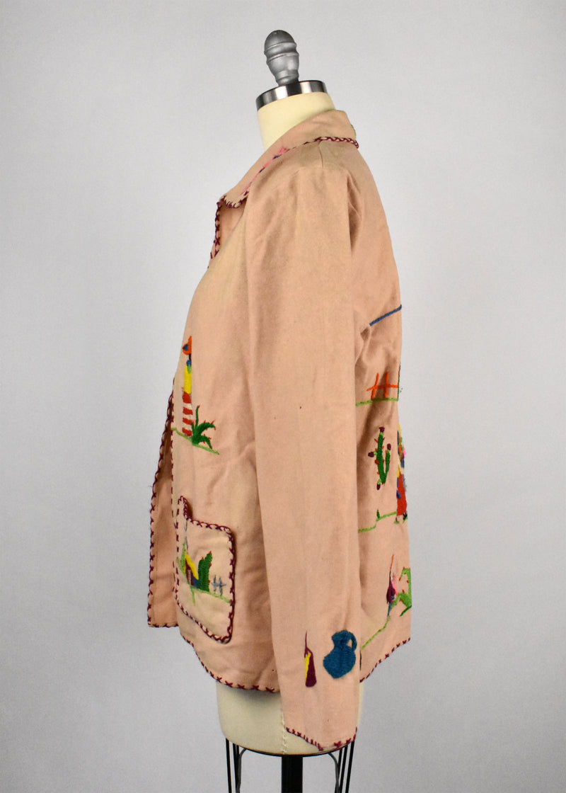 Handmade Tan 1940's/50's Mexican Souvenir Embroidered Wool Jacket