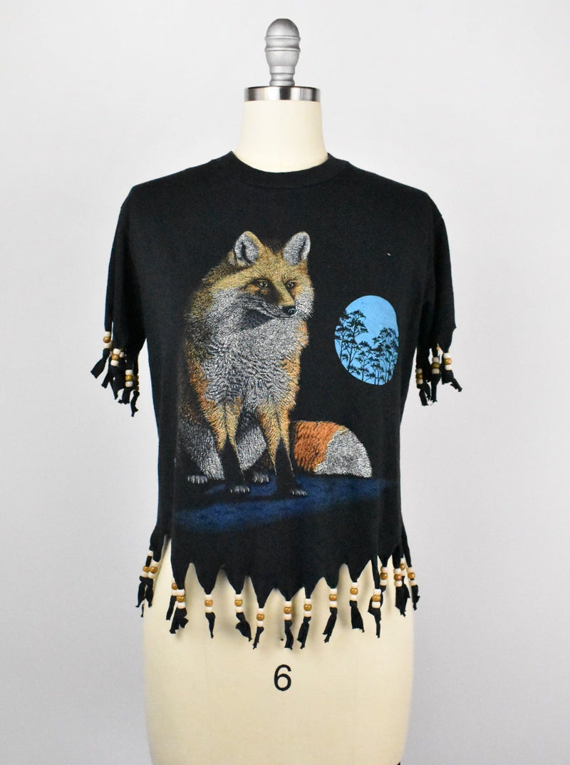 Fox and Moon T-Shirt with Beaded Fringe Detail