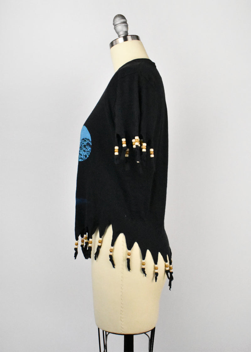 Fox and Moon T-Shirt with Beaded Fringe Detail