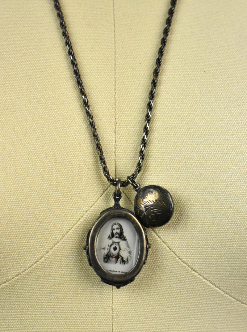 Vintage Sterling Silver Shadow Box Pendant with Virgen de Guadalupe/Sacred Heart of Jesus and Small Silver Picture Locket 