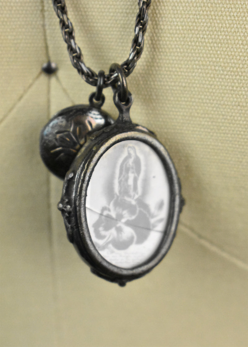 Sterling Silver Shadow Box Pendant with Virgen de Guadalupe/Sacred Heart of Jesus and Small Silver Picture Locket