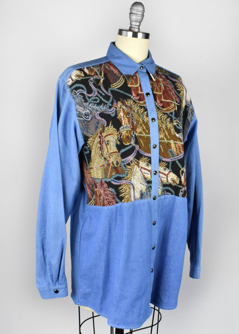 Vintage Denim Horse Tapestry Blouse with Silver Collar Tips