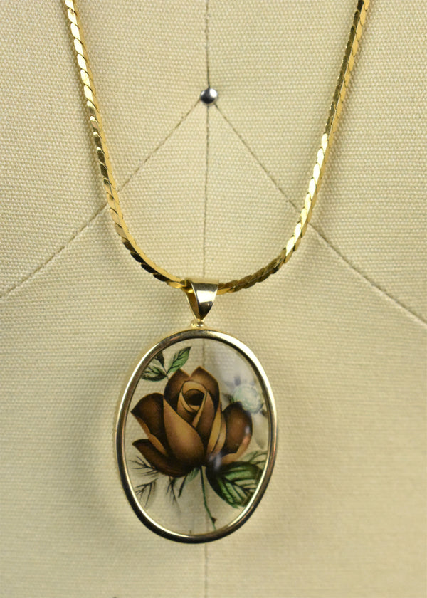 Vintage Monet Glass Rose Pendant on Gold Tone Chain
