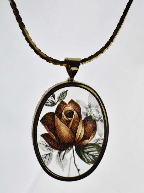 Vintage Monet Glass Rose Pendant on Gold Tone Chain