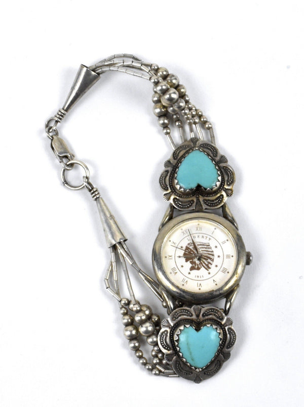 Sterling Silver Layered Watch Band with Turquoise Hearts 