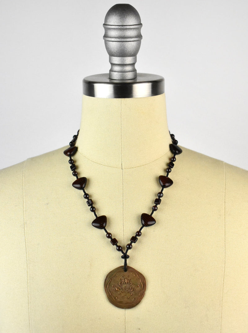 Necklace with Copper Pendant and Black/Orange Beadwork