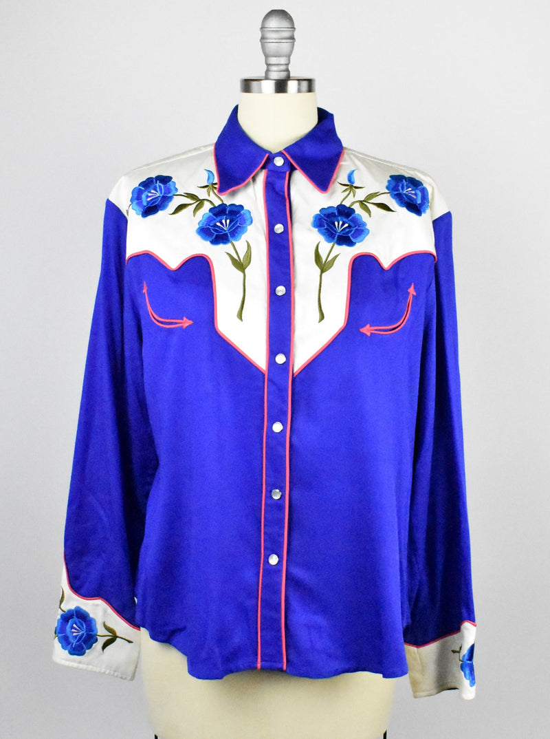 Flower Embroidered Western Blouse with Dart Detail, Red Piping and Pearl Snap Buttons