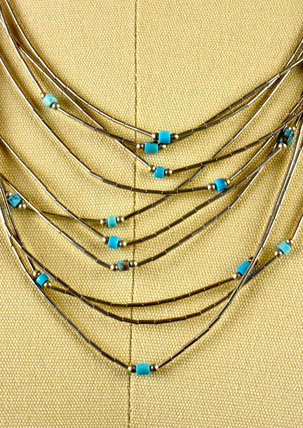 10 Strand Sterling Silver Layered Necklace with Turquoise Beadwork