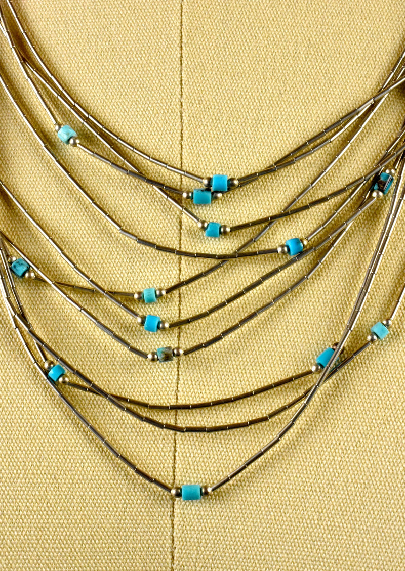 10 Strand Sterling Silver Layered Necklace with Turquoise Beadwork