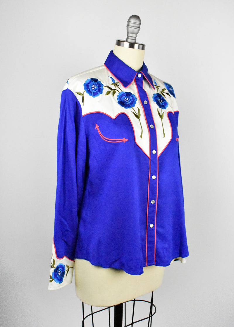 The Manuel Collection - Flower Embroidered Western Shirt with Dart Detail, Red Piping and Pearl Snap Buttons