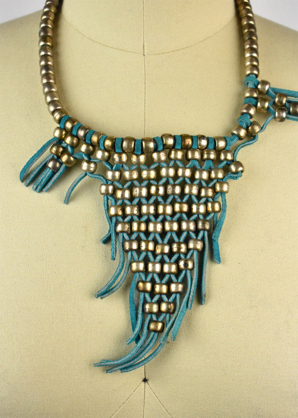 Silver Bead and Turquoise Leather Bohemian Necklace with Fringe