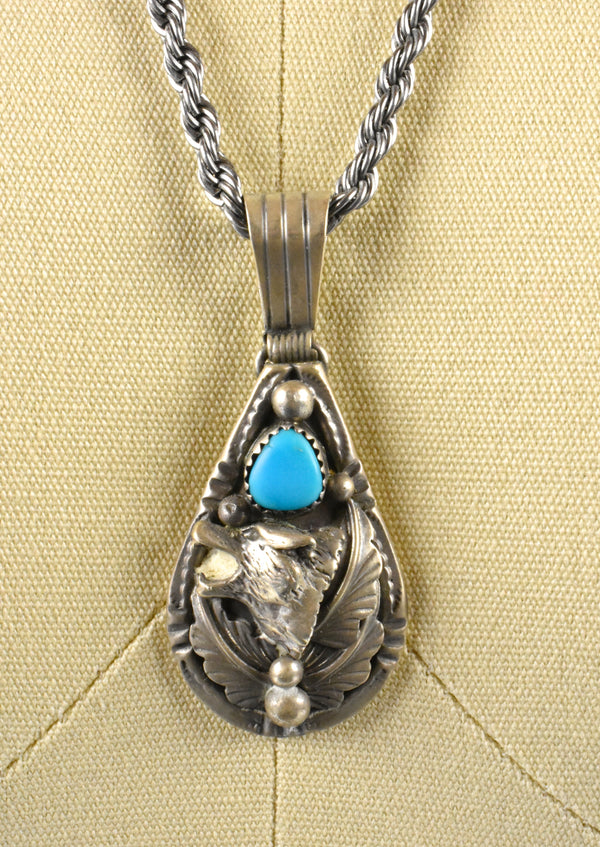 Old Pawn Howling Wolf and Filigree Pendant with Sleeping Beauty Turquoise