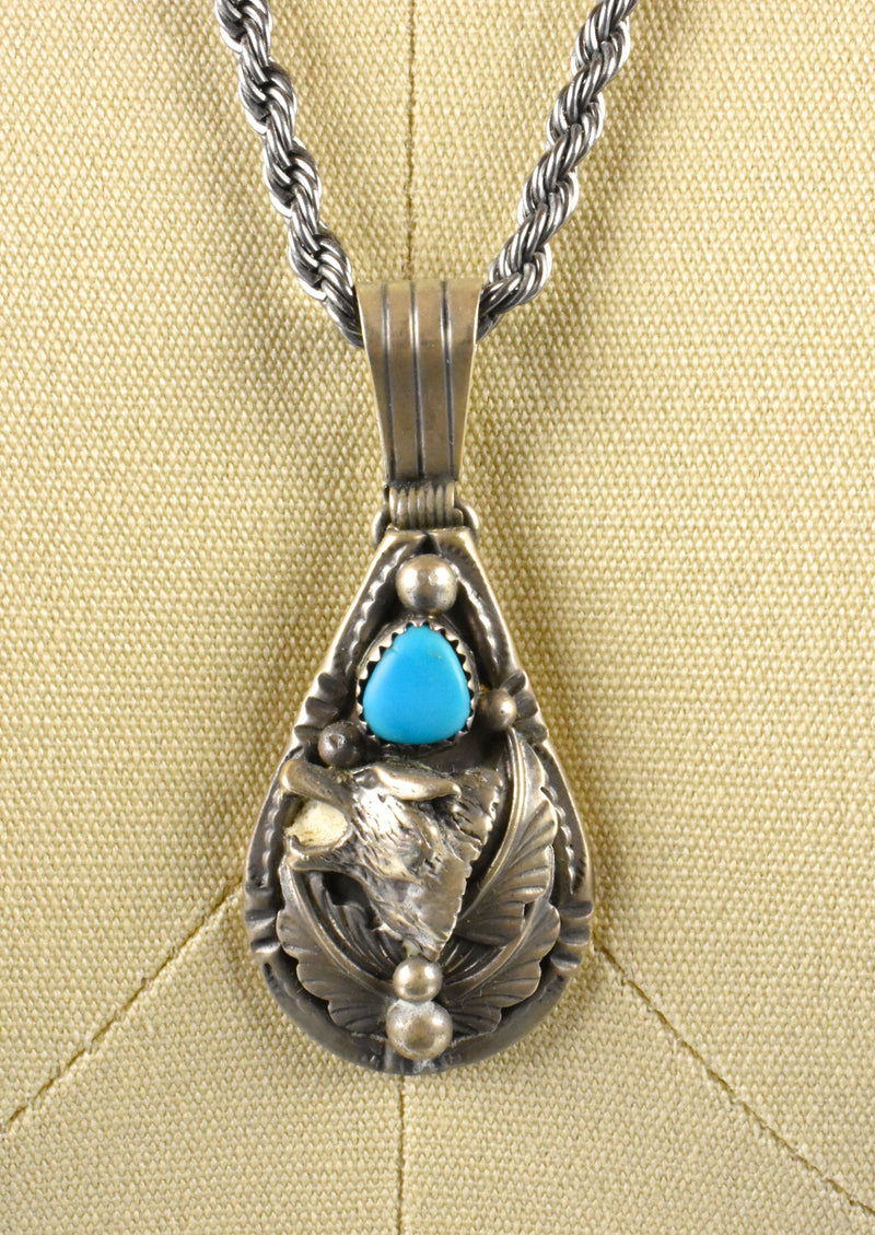 Old Pawn Howling Wolf and Filigree Pendant with Sleeping Beauty Turquoise