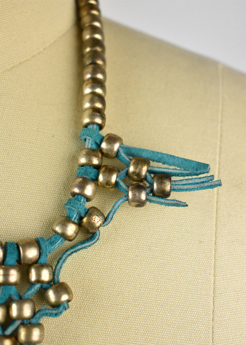 Silver Bead and Turquoise Leather Bohemian Necklace with Fringe