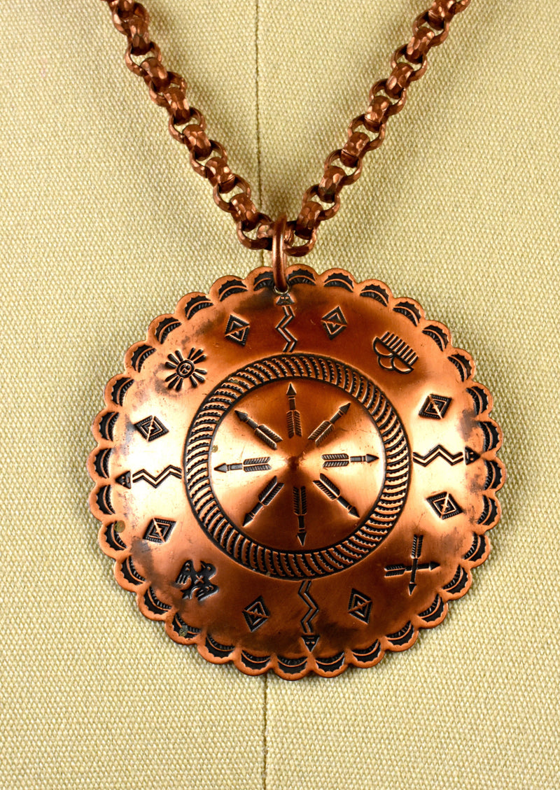 Pure Copper Pendant with Native American Symbols on Copper Chain