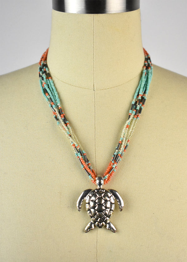 Vintage Silver, Turquoise and Coral Colored Micro-Bead Necklace 