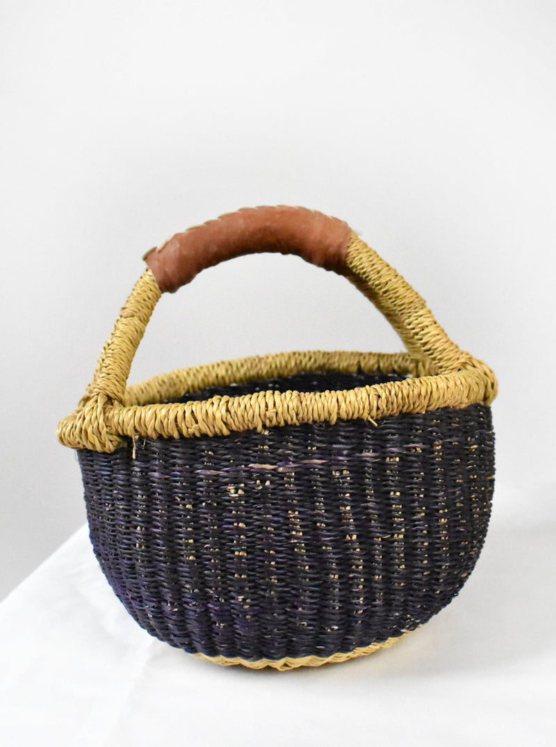 Vintage Small Straw Market Basket with Leather Handles