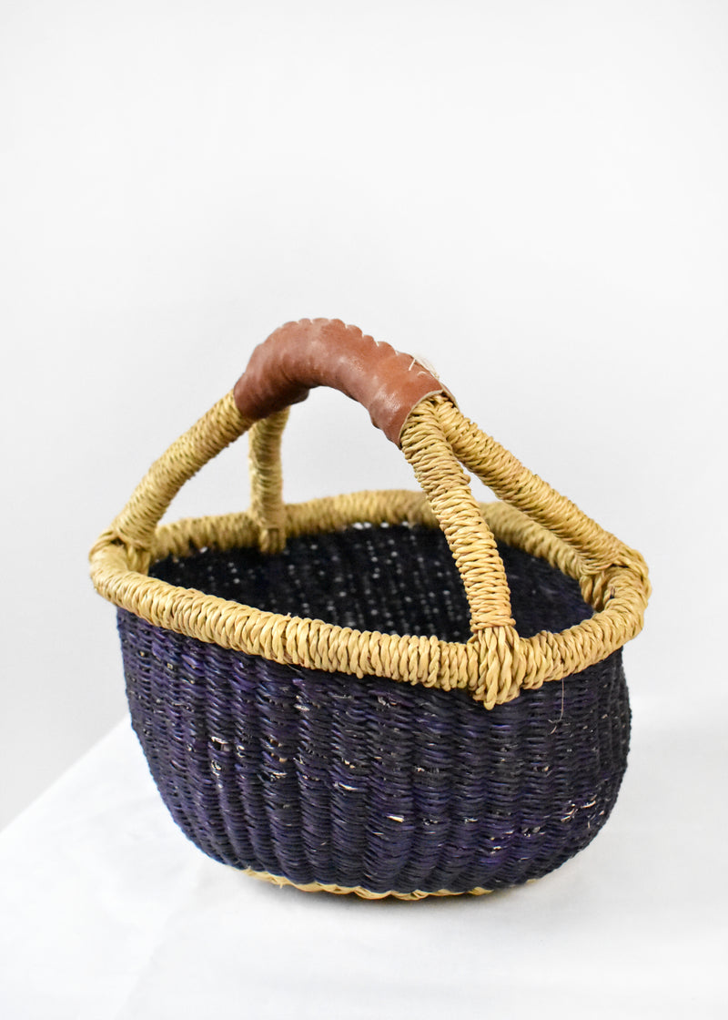 Small Straw Market Basket with Leather Handles