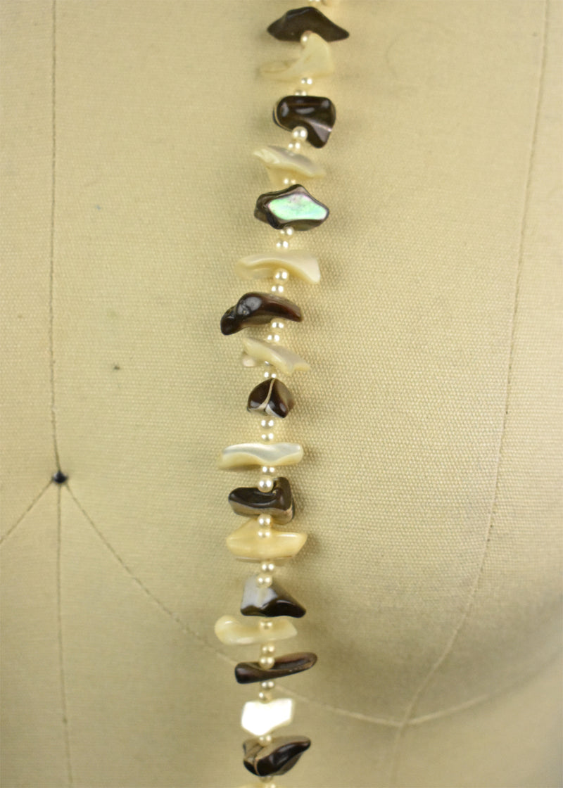 Vintage Long Two-Tone Brown and White Abalone Necklace 