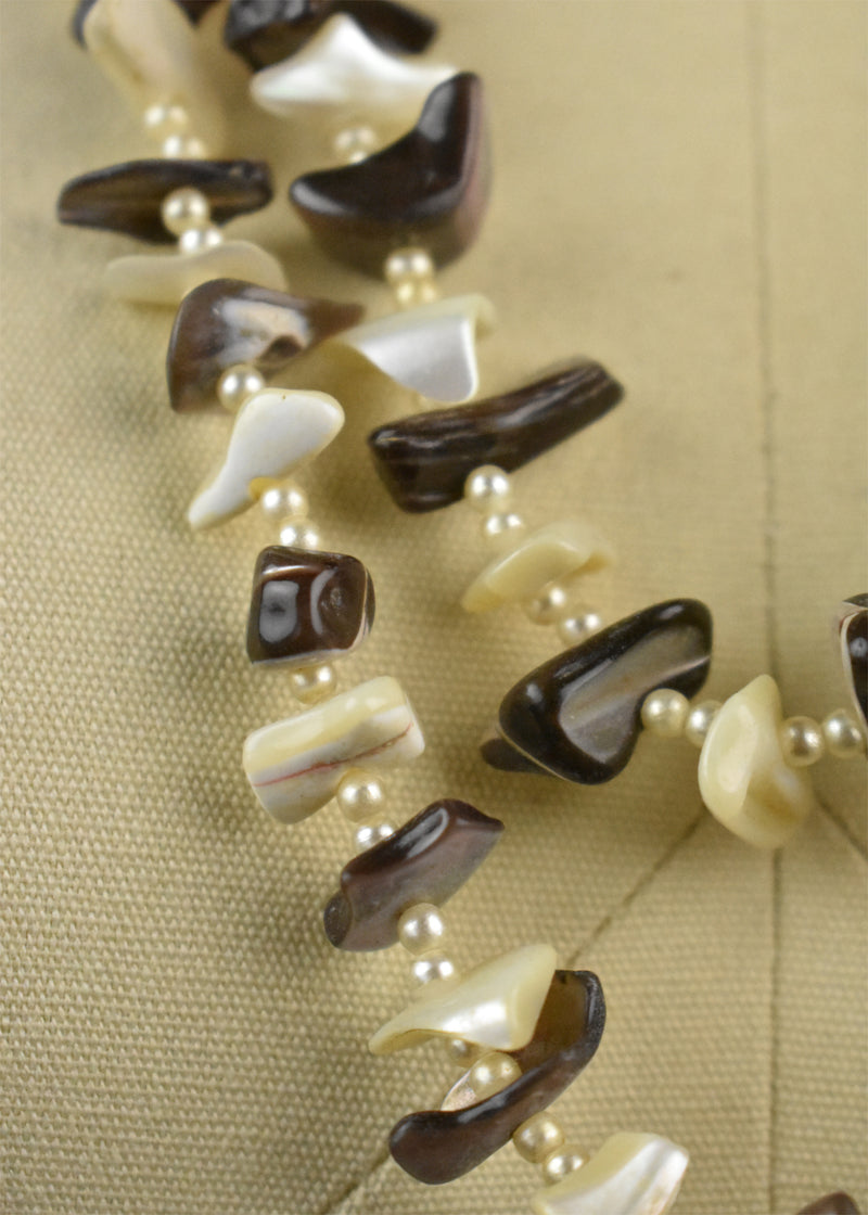 Vintage Long Two-Tone Brown and White Abalone Necklace 