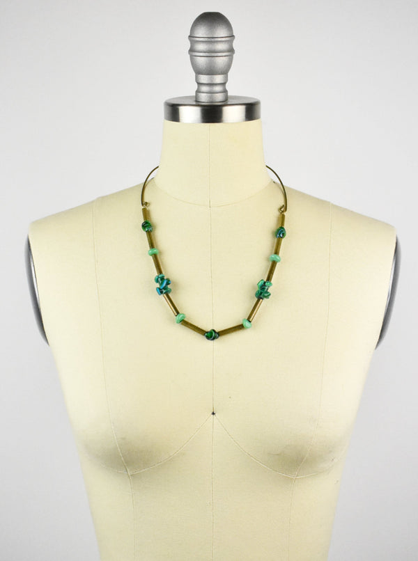 Vintage Segmented Copper Tube and Glass Boho Necklace