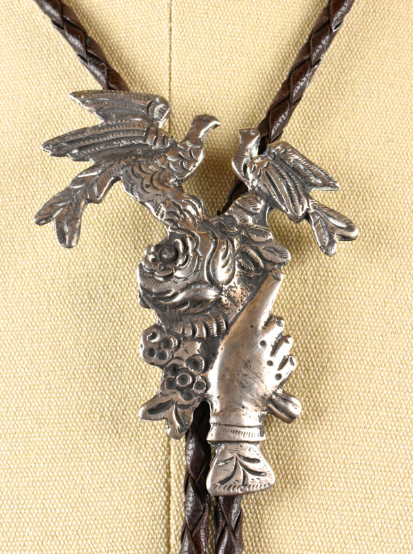 Sterling Silver Bolo Tie with Hands Holding a Flower Bouquet and Flying Doves - Incredible Piece!