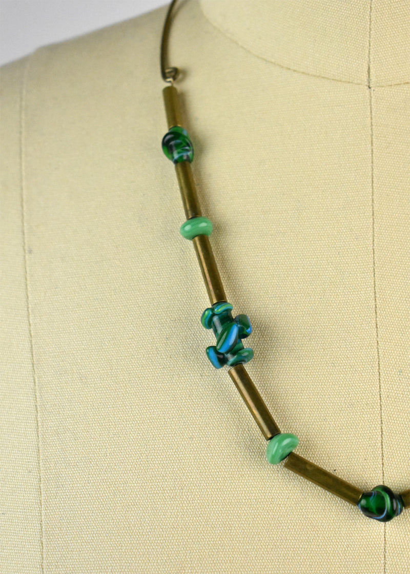 Segmented Copper Tube and Glass Boho Necklace