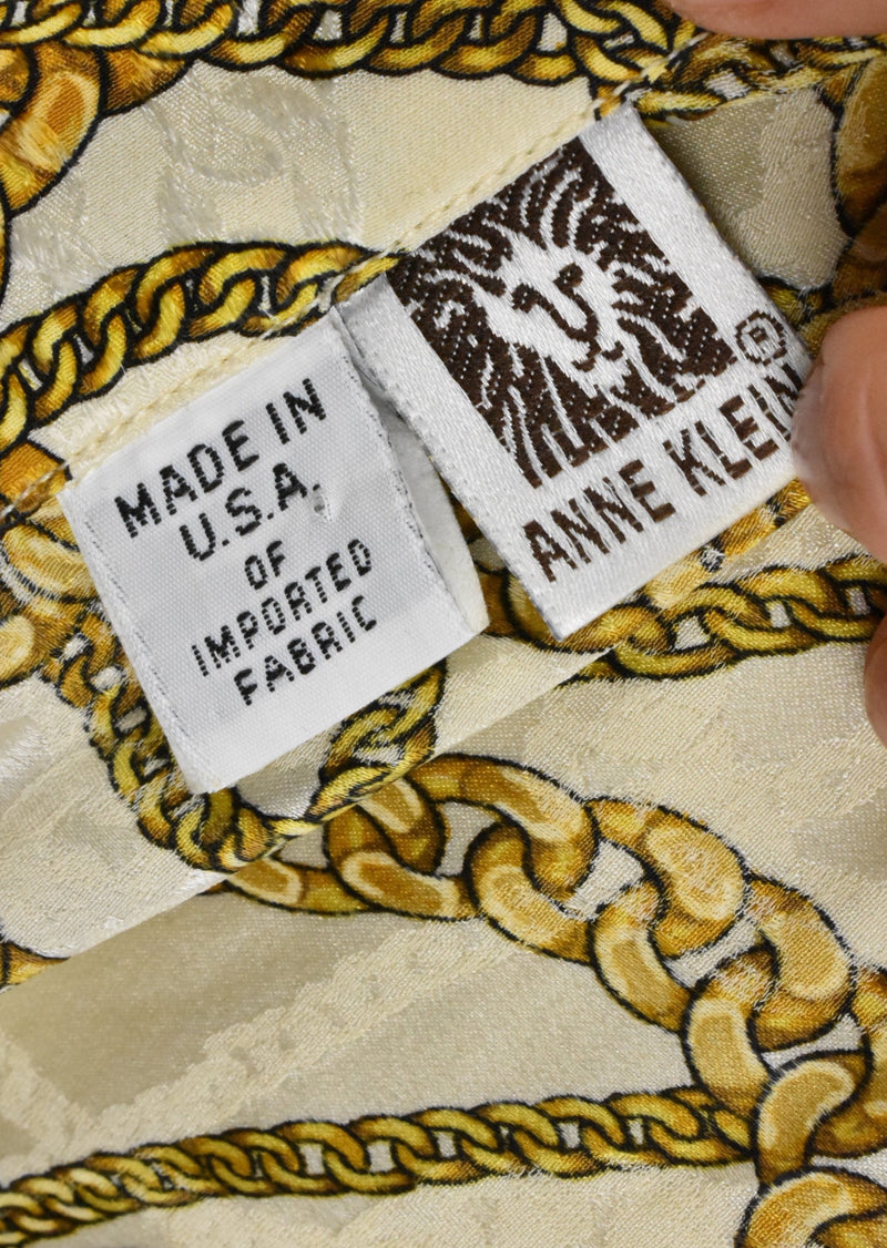 Vintage Anne Klein Chain Print Silk Deep V Blouse