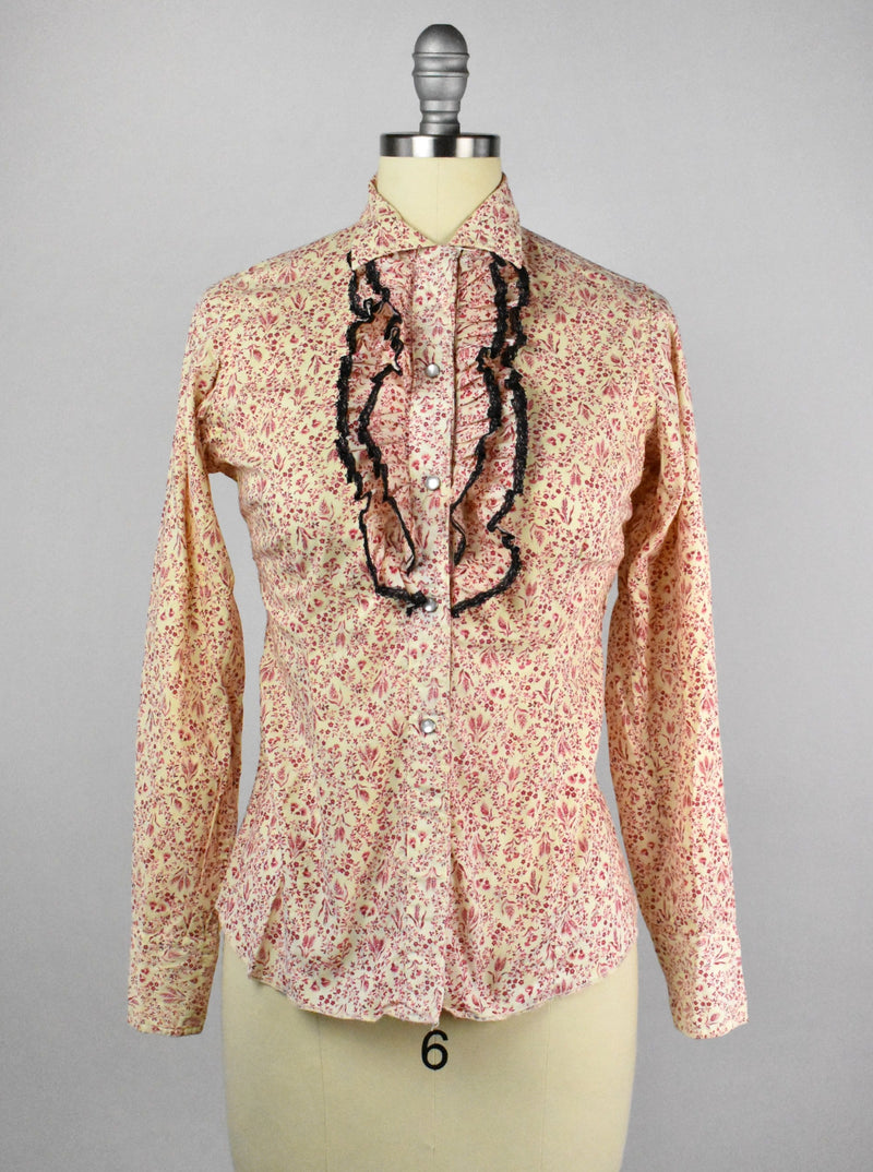 Western Blouse with Pleated Button Stand Detail, Floral Print and Pearl Button Snaps