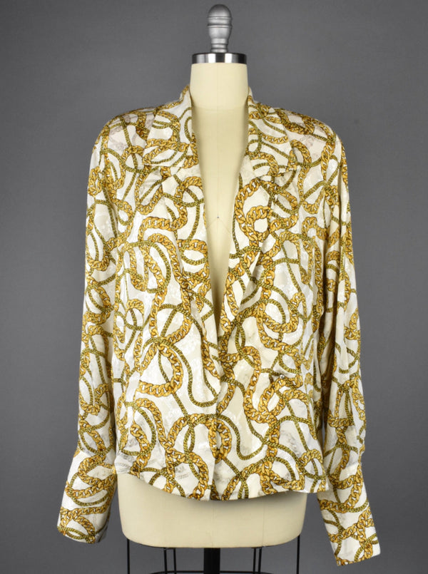 Vintage Anne Klein Chain Print Silk Deep V Blouse