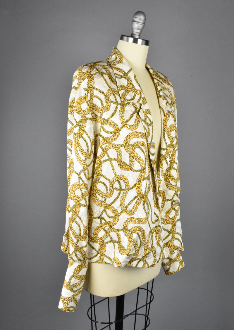 Vintage Anne Klein Chain Print Silk Deep V Blouse