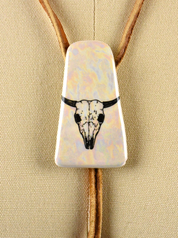 Bull Skull on Iridescent Ceramic Bolo Tie 