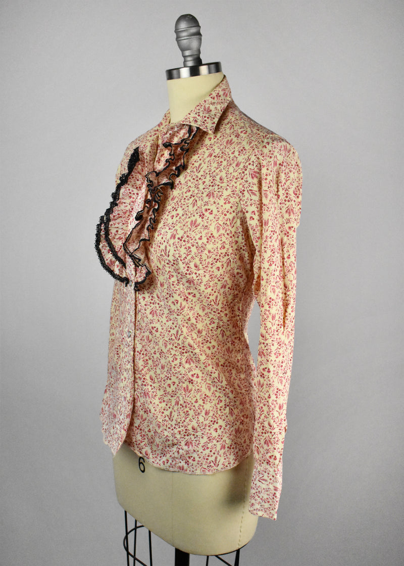 Western Blouse with Pleated Button Stand Detail, Floral Print and Pearl Button Snaps