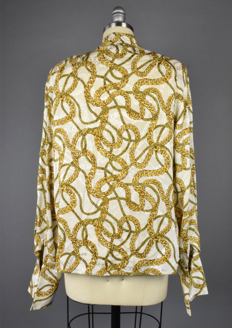 Vintage Anne Klein Chain Print Silk Deep V Blouse
