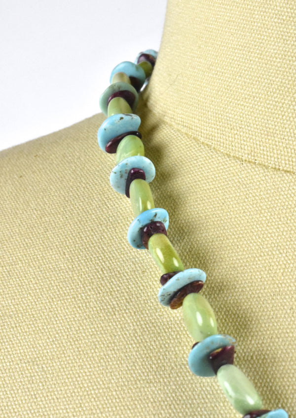Polished Turquoise Stones and Jasper Necklace with Sterling Silver Clasp