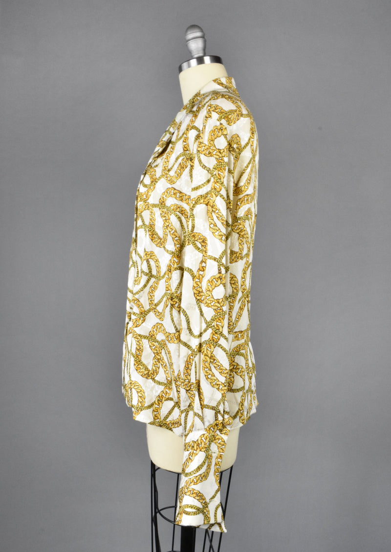 Vintage Anne Klein Chain Print Silk Deep V Blouse