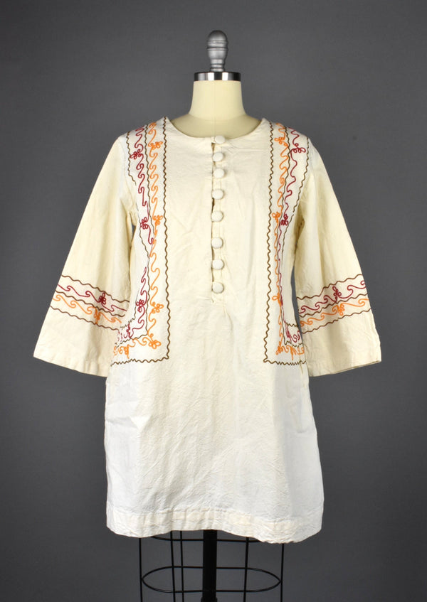 Vintage Bohemian Embroidered Cotton Tunic with Pockets